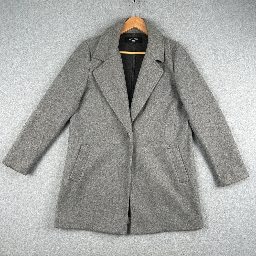 Love Tree Coat Womens Medium Gray J8196 Peacoat Notch Lapel Single Button Long